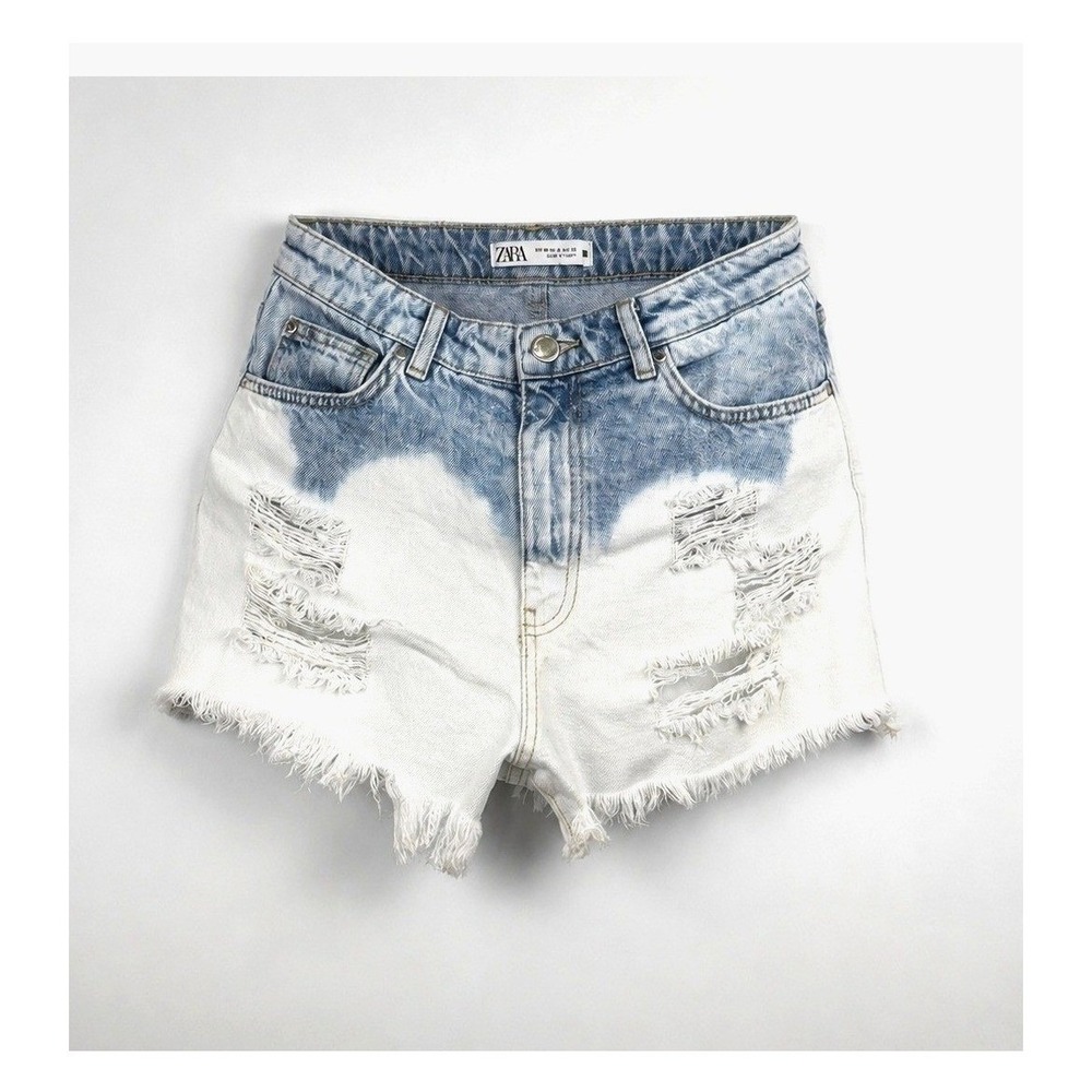 Zara Denim Shorts Womens Blue White Excellent Distressed Two Tone Dip Dye Size 6